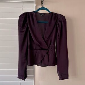 Express Plum Satin Puff Sleeve Peplum Blouse • XS • Dark Academia